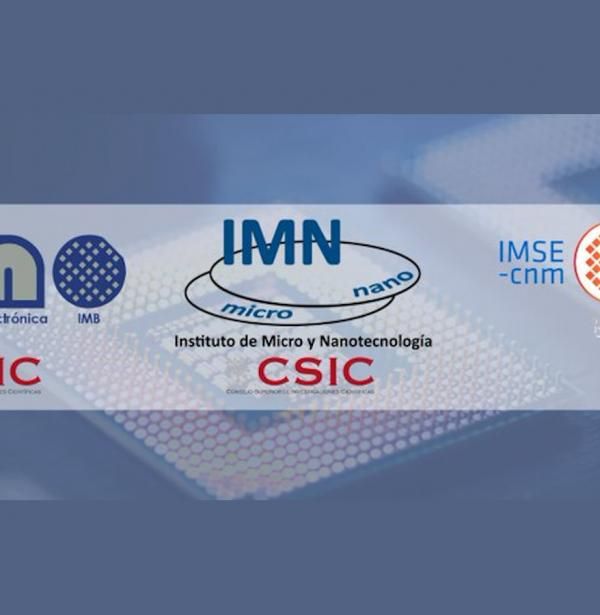 Montaje de los logos de los tres institutos del Centro Nacional de Microelectrónica sobre fondo azul